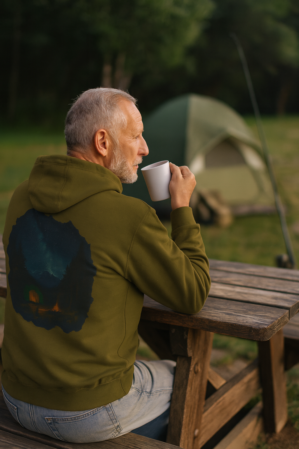 Three-Panel Fleece Hoodie - Cozy Campfire Nights Camping Sweater, Hiking Adventure Pullover, Wilderness Mountain Camper Gift