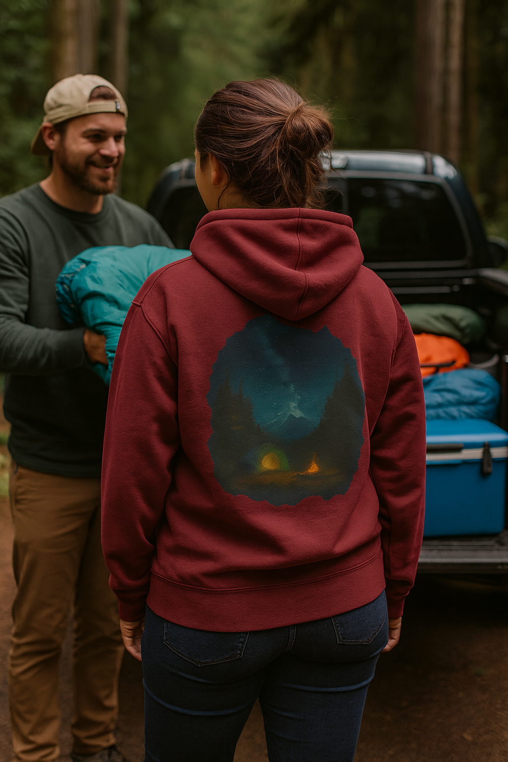 Three-Panel Fleece Hoodie - Cozy Campfire Nights Camping Sweater, Hiking Adventure Pullover, Wilderness Mountain Camper Gift