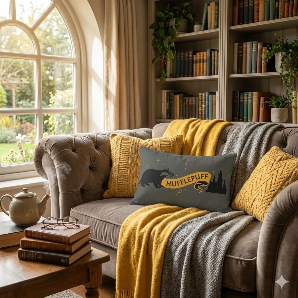 Hufflepuff Badger Lumbar Pillow | Hogwarts Castle Yellow & Charcoal