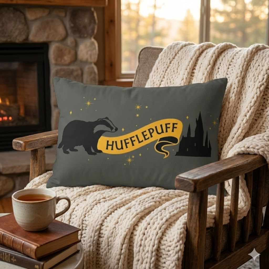 Hufflepuff Badger Lumbar Pillow | Hogwarts Castle Yellow & Charcoal