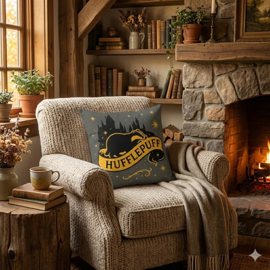 Hufflepuff Throw Pillow | Hogwarts House Decor | Harry Potter Inspired Badger Cushion | Magic School Gift | House Crest Throw Pillow