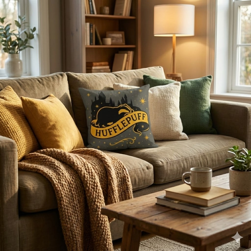 Hufflepuff Throw Pillow | Hogwarts House Decor | Harry Potter Inspired Badger Cushion | Magic School Gift | House Crest Throw Pillow