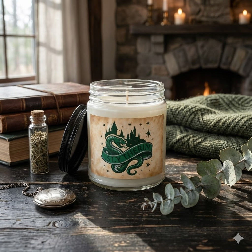 Slytherin House Inspired Candle | Snake Emblem Decor | Ambitious Wizard Gift | Amber or Clear Glass | Magic School Aesthetic