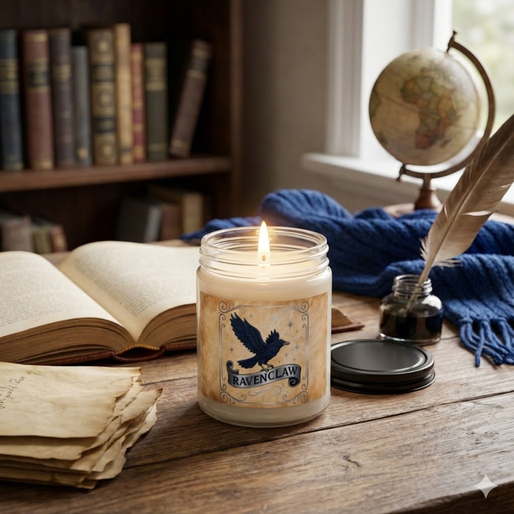 Ravenclaw House Inspired Candle | Blue Raven Emblem | Wisdom & Wit Gift | Amber or Clear Glass | Dark Academia Decor | Book Lover Gift