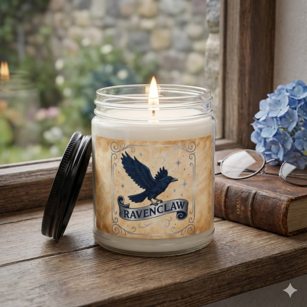 Ravenclaw House Inspired Candle | Blue Raven Emblem | Wisdom & Wit Gift | Amber or Clear Glass | Dark Academia Decor | Book Lover Gift