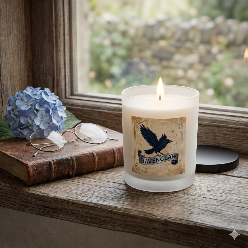 Ravenclaw House Inspired Candle | Blue Raven Emblem | Wisdom & Wit Gift | Amber or Clear Glass | Dark Academia Decor | Book Lover Gift