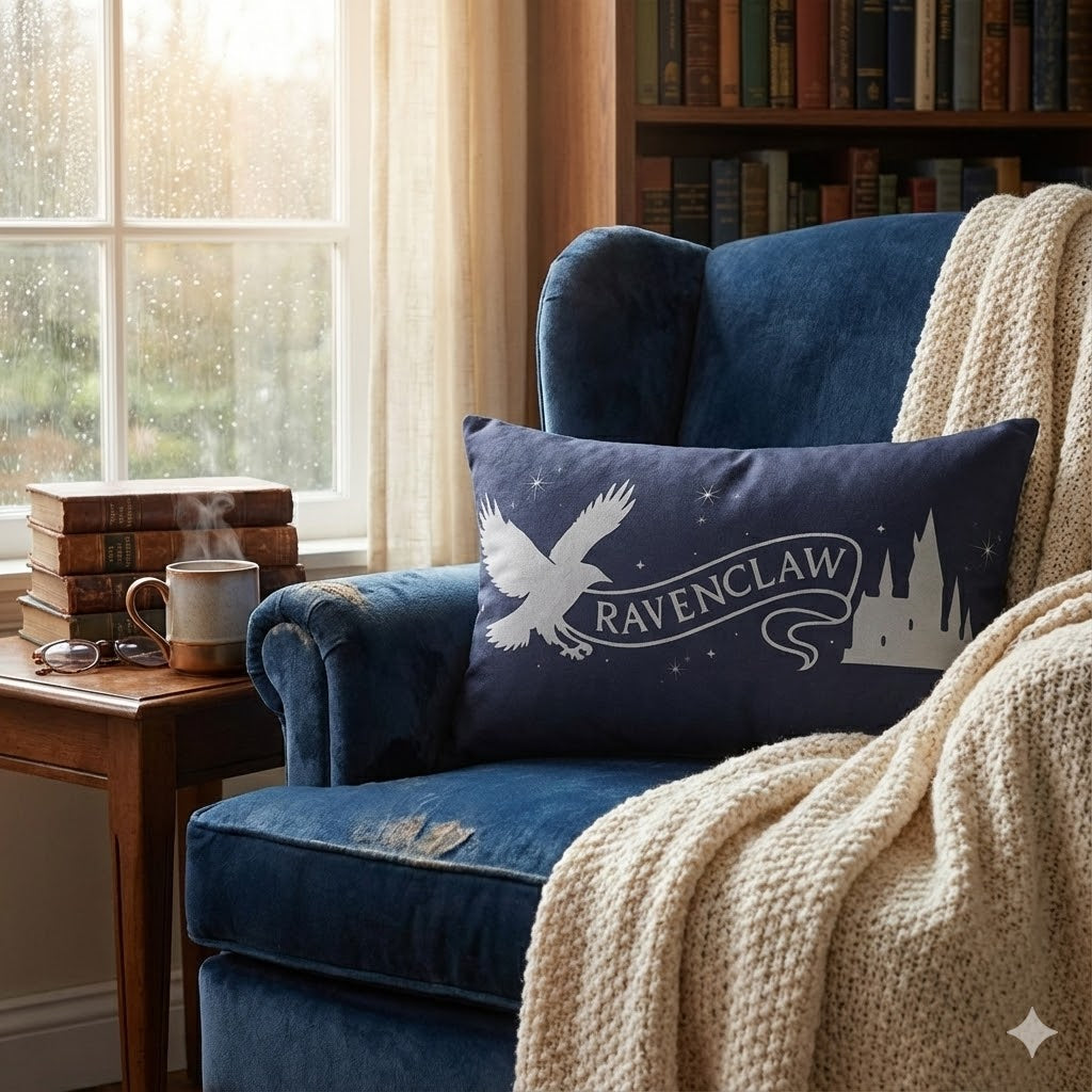 Ravenclaw Inspire Emblem Navy Lumbar Pillow | House Crest Banner, Silver Crest Design