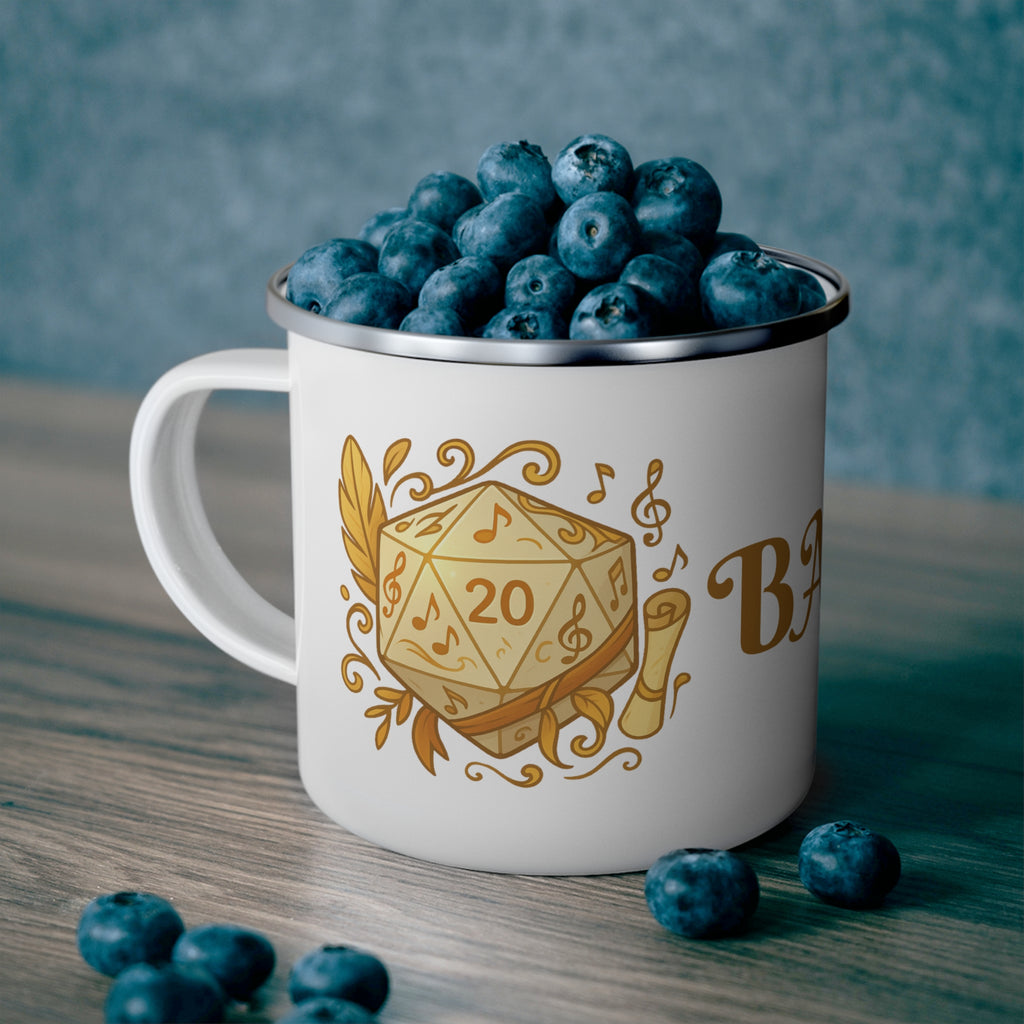 Bard Enamel Camping Mug — Gold D20 & Musical Fantasy RPG Coffee Cup
