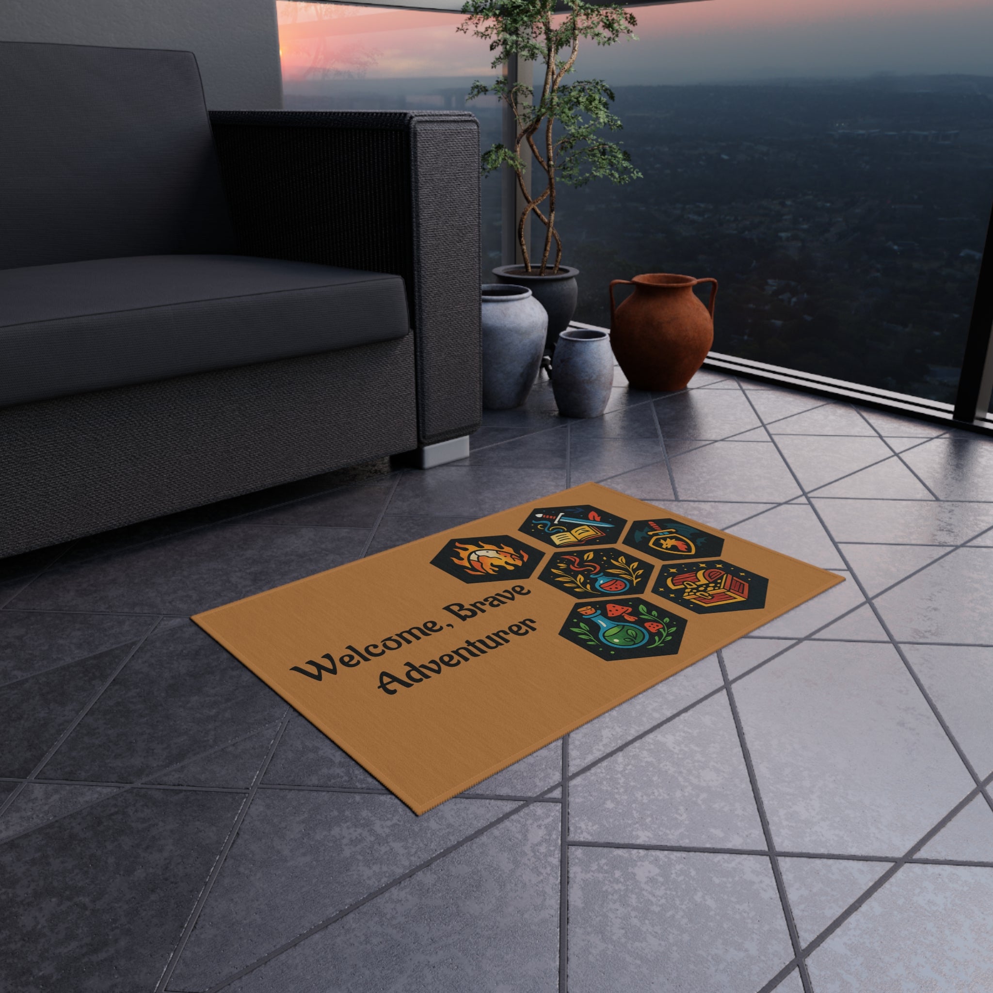 Welcome Brave Adventurer Outdoor Rug | D&D Inspired Doormat | Fantasy RPG Gamer Gift | Dungeon Dragon Door Mat | Geeky Front Porch Decor
