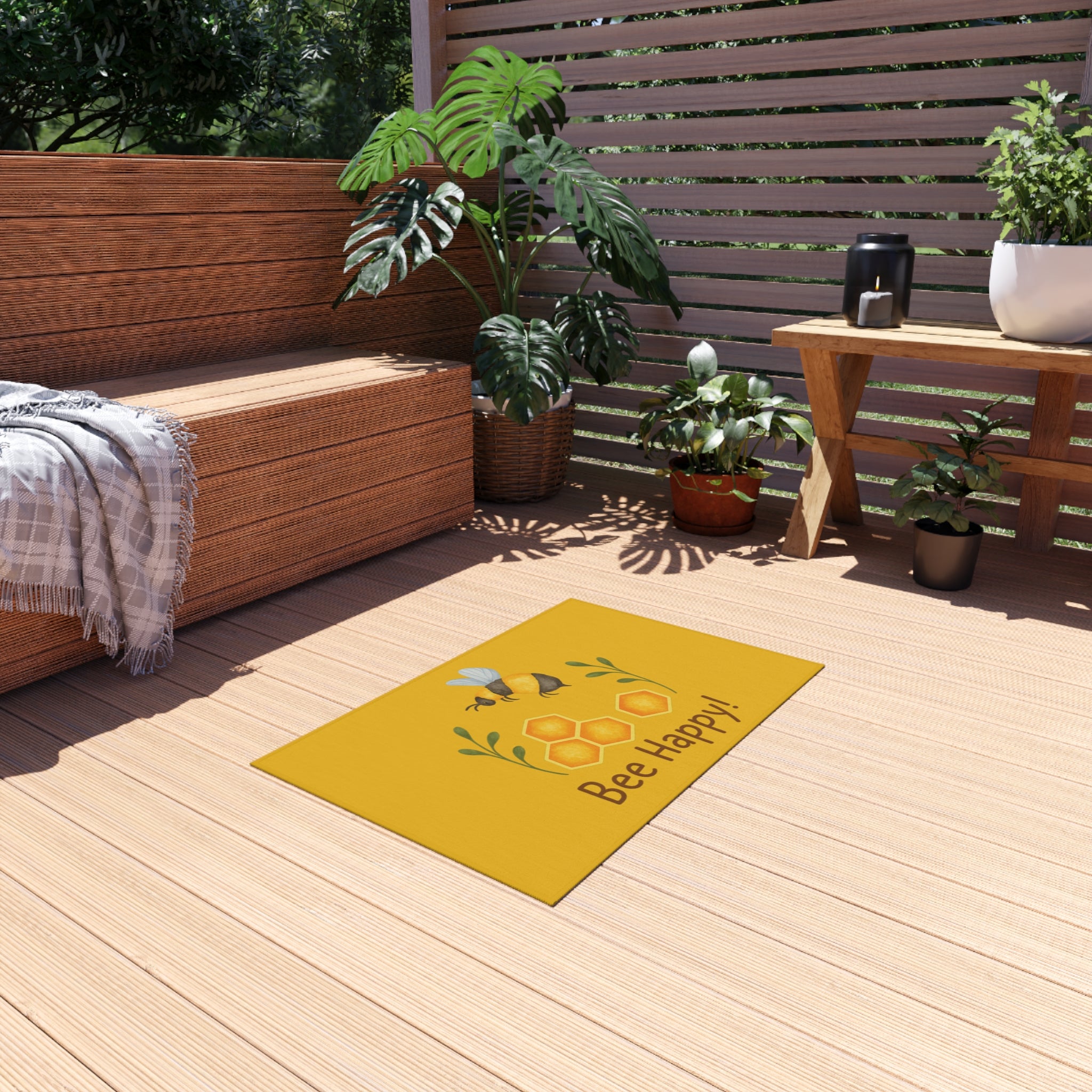 Bee Happy Outdoor Rug, Bee Decor, Garden Mat, Porch Rug, Spring Decoration, Outdoor Patio Accent