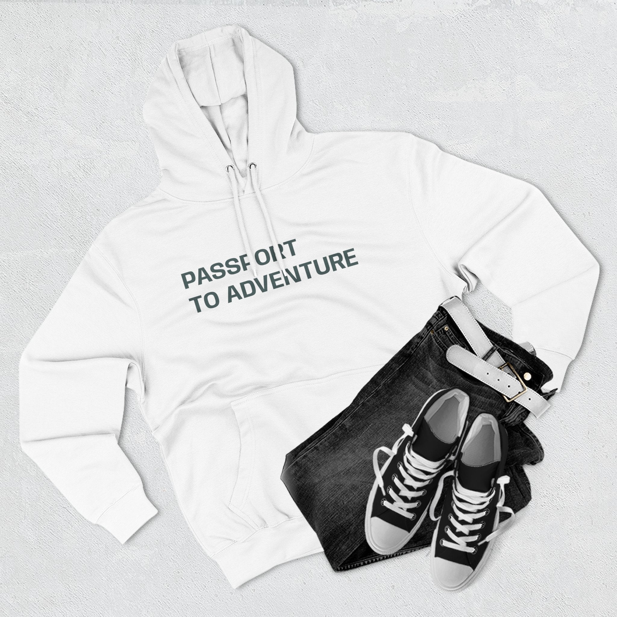 Mountain Adventure Three-Panel Fleece Hoodie, Passport to Adventure Design, Hiking Gift, Unisex Sizes S-3XL, Soft Comfort, Kangaroo Pocket,