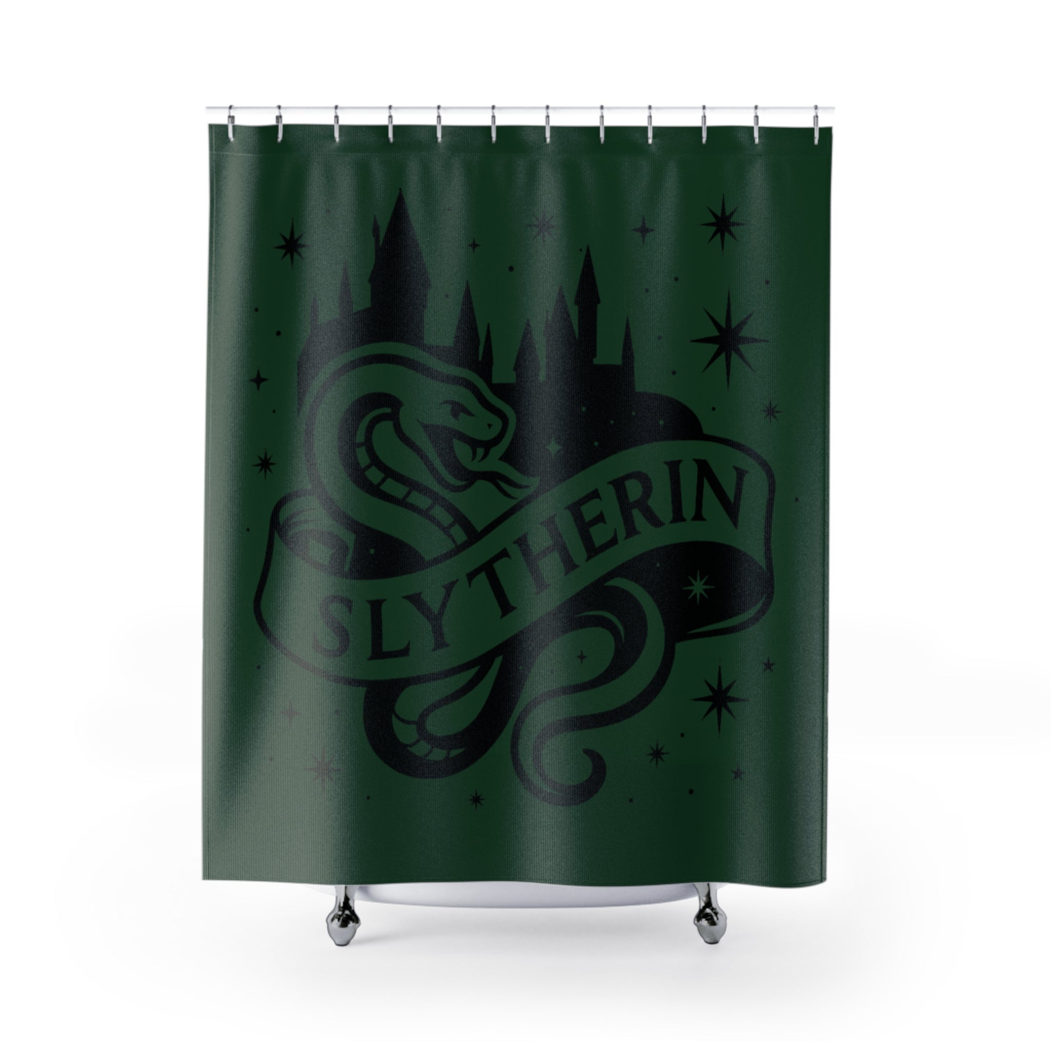 Slytherin Shower Curtain | Snake House Bathroom Decor | Wizarding World Bath | Green and Black | Ambition & Cunning Gift | Castle Silhouette