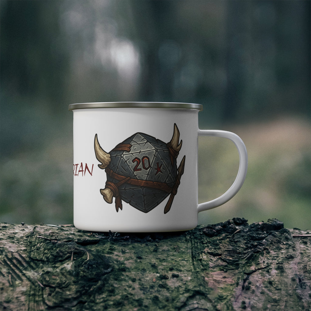 Barbarian D20 Enamel Camping Mug – RPG Dice, Fantasy Gamer Gift