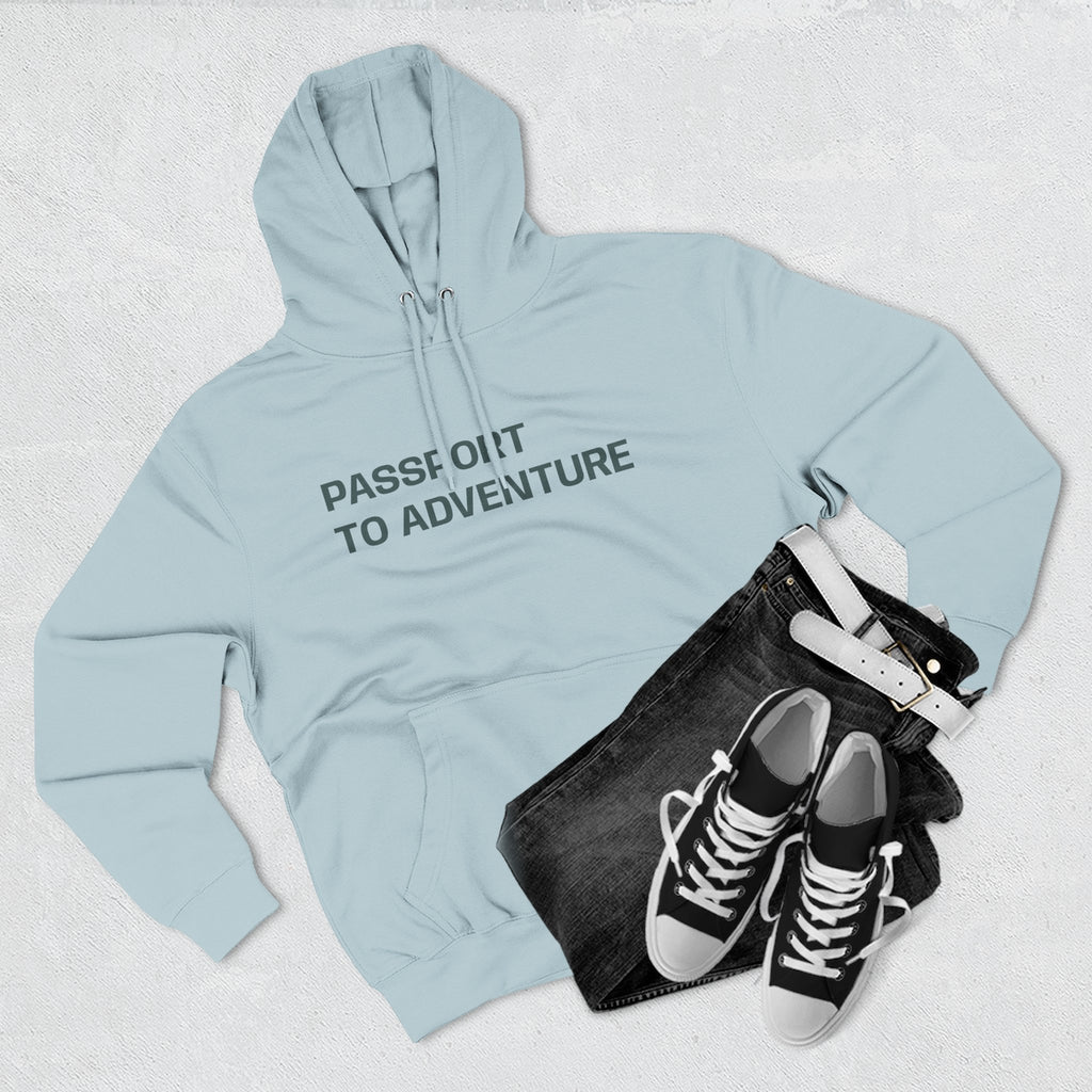 Mountain Adventure Three-Panel Fleece Hoodie, Passport to Adventure Design, Hiking Gift, Unisex Sizes S-3XL, Soft Comfort, Kangaroo Pocket,