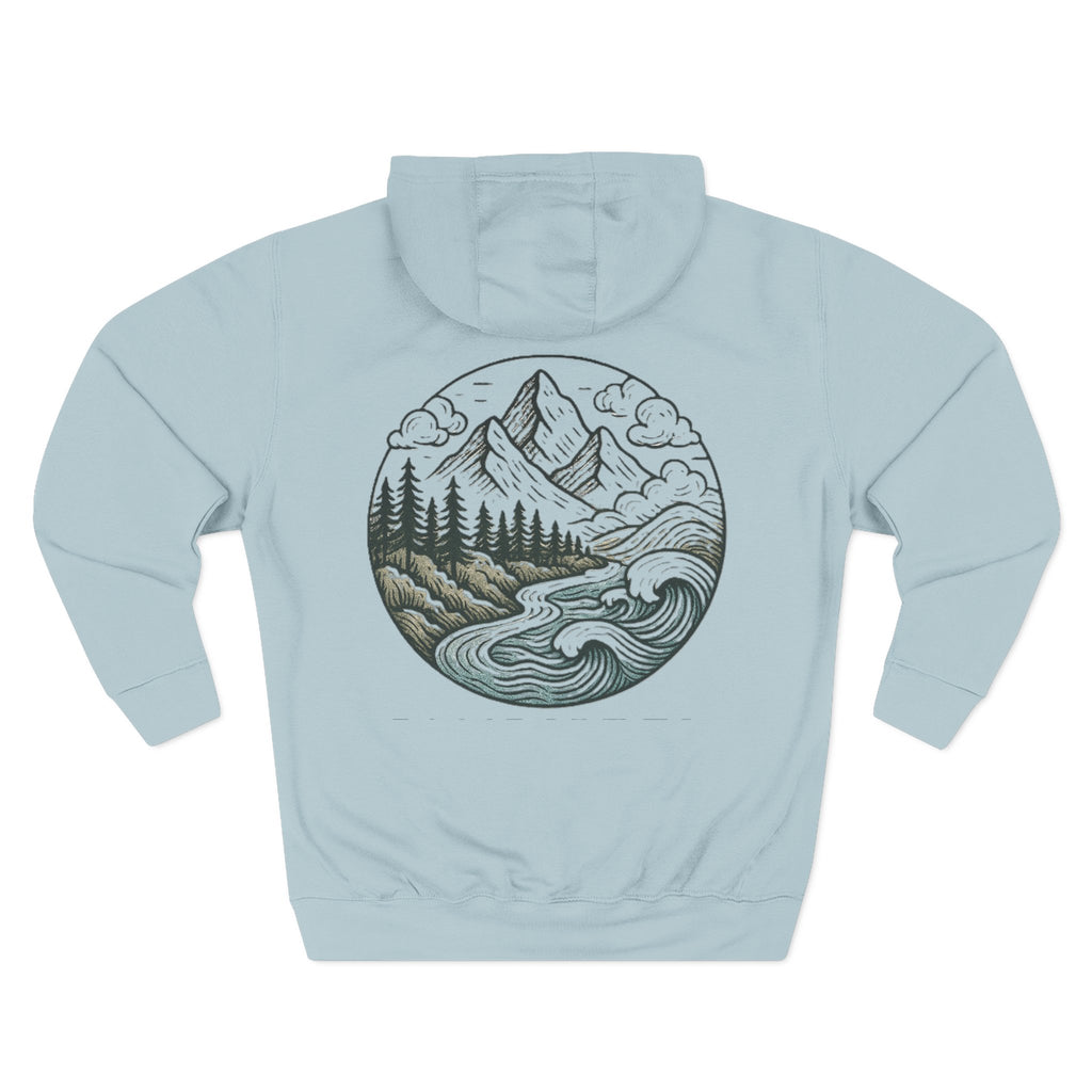 Mountain Adventure Three-Panel Fleece Hoodie, Passport to Adventure Design, Hiking Gift, Unisex Sizes S-3XL, Soft Comfort, Kangaroo Pocket,