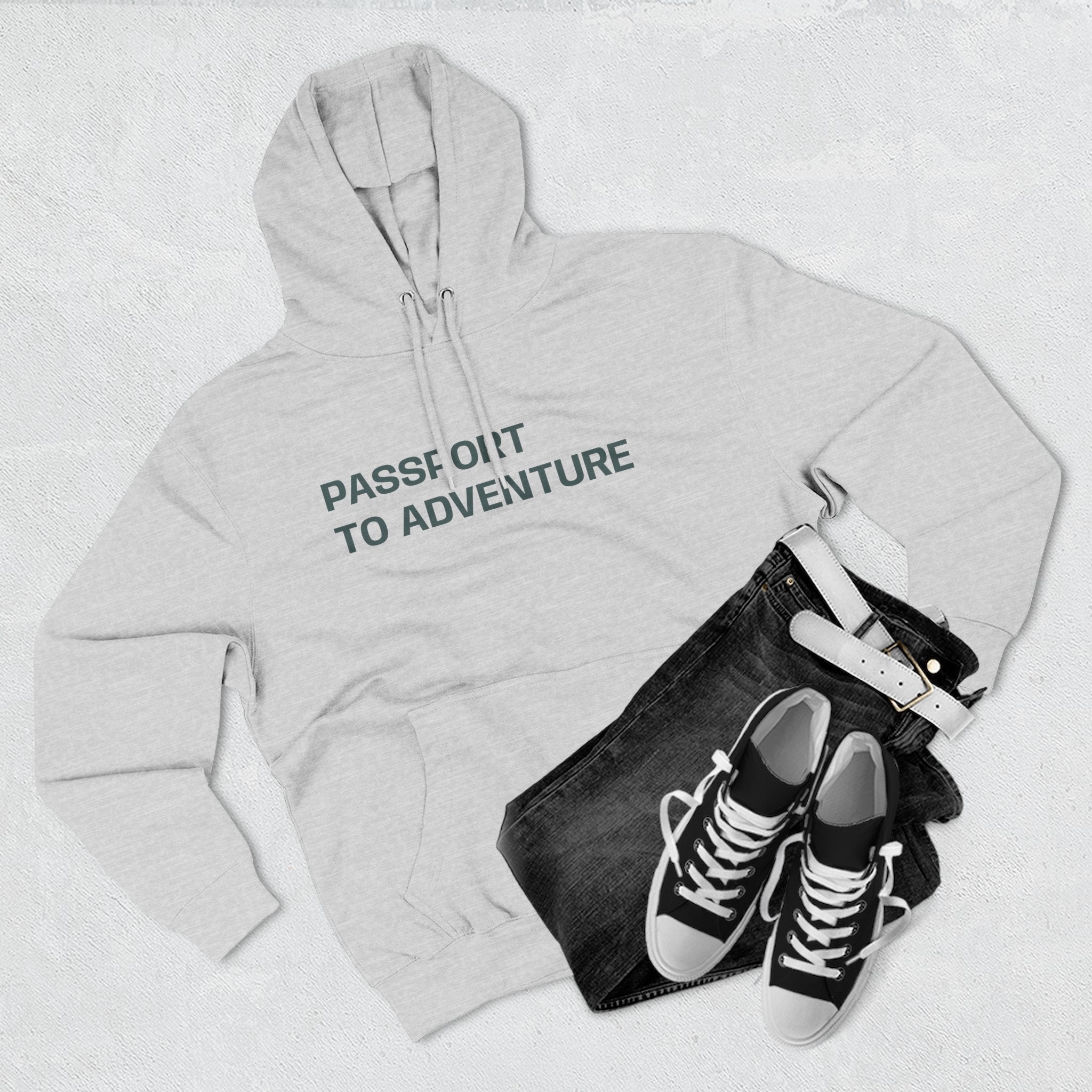 Mountain Adventure Three-Panel Fleece Hoodie, Passport to Adventure Design, Hiking Gift, Unisex Sizes S-3XL, Soft Comfort, Kangaroo Pocket,