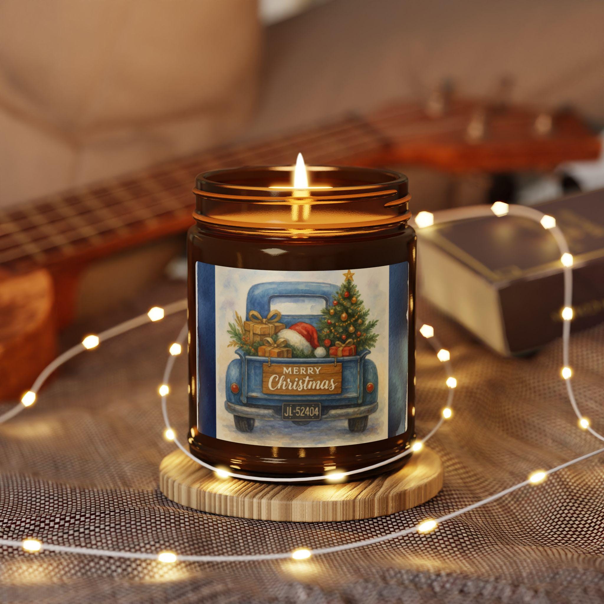 Festive Scented Soy Candle, Christmas Home Decor, Holiday Gift, Cozy Vibe, Amber Jar with Truck Design, Hand-Poured Candle