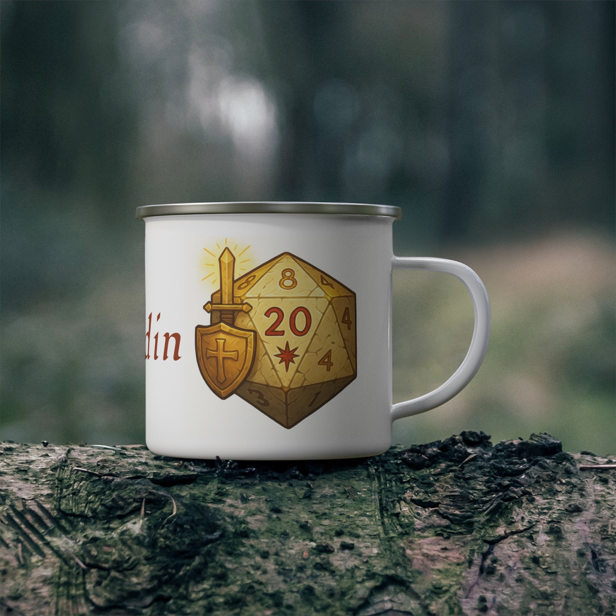 Paladin D20 Enamel Mug — Faith, Steel, and a Natural 20