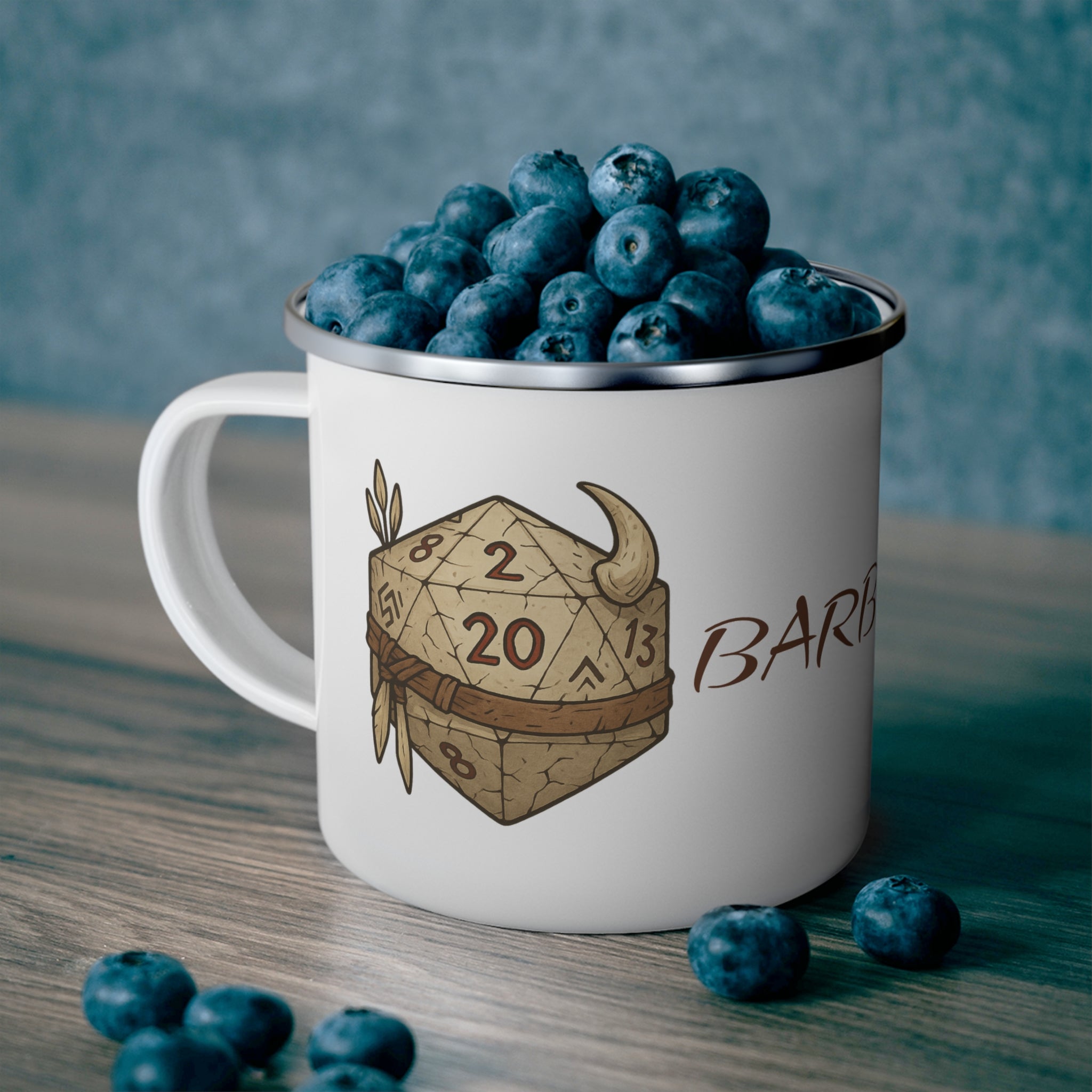 Barbarian D20 Enamel Camping Mug — RPG Dice Rustic Adventure Coffee Cup