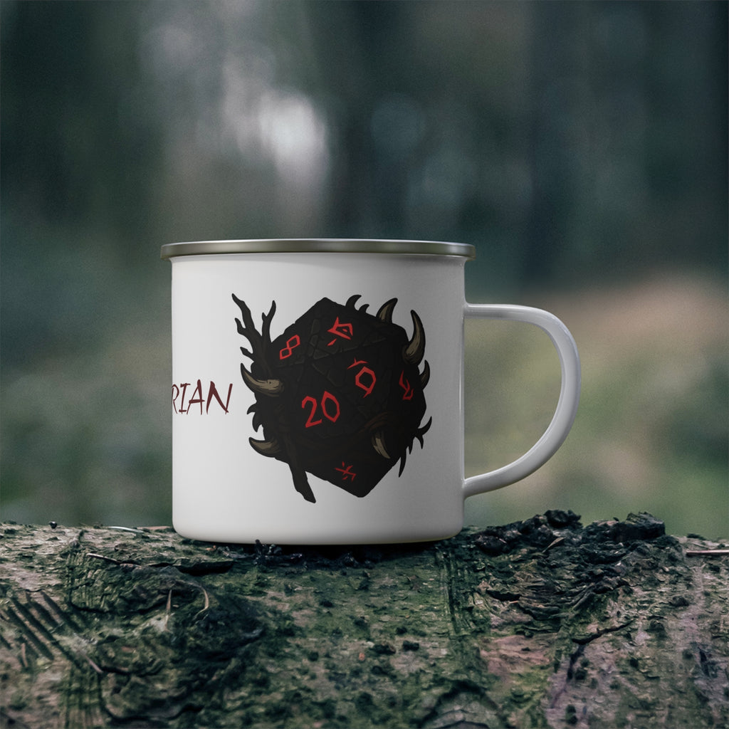 Barbarian D20 Enamel Camping Mug — RPG Dice & Fantasy Campfire Mug