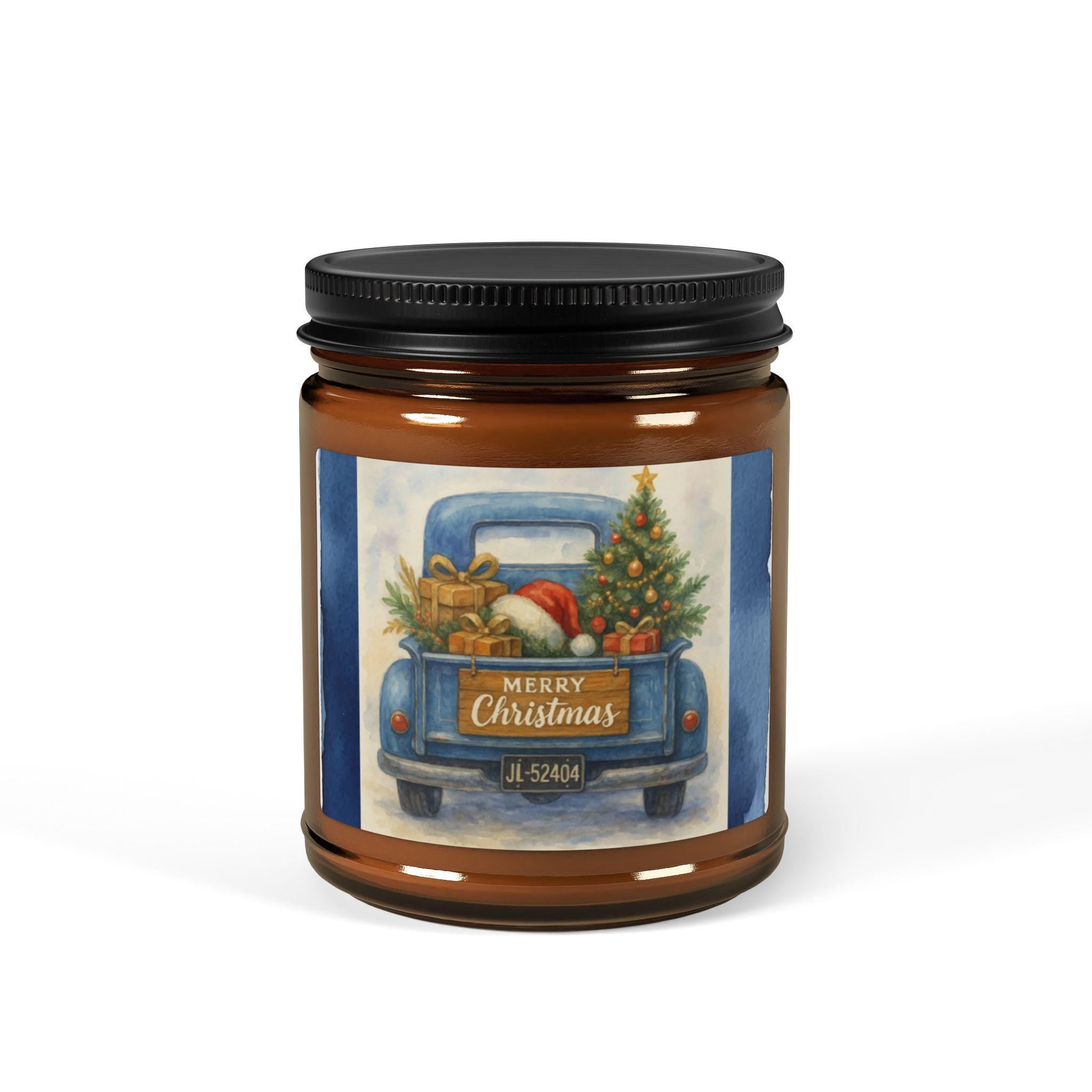 Festive Scented Soy Candle, Christmas Home Decor, Holiday Gift, Cozy Vibe, Amber Jar with Truck Design, Hand-Poured Candle