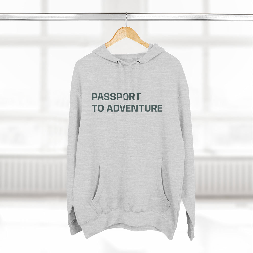 Mountain Adventure Three-Panel Fleece Hoodie, Passport to Adventure Design, Hiking Gift, Unisex Sizes S-3XL, Soft Comfort, Kangaroo Pocket,