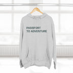 Mountain Adventure Three-Panel Fleece Hoodie, Passport to Adventure Design, Hiking Gift, Unisex Sizes S-3XL, Soft Comfort, Kangaroo Pocket,