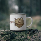 Barbarian D20 Enamel Camping Mug — RPG Dice Rustic Adventure Coffee Cup