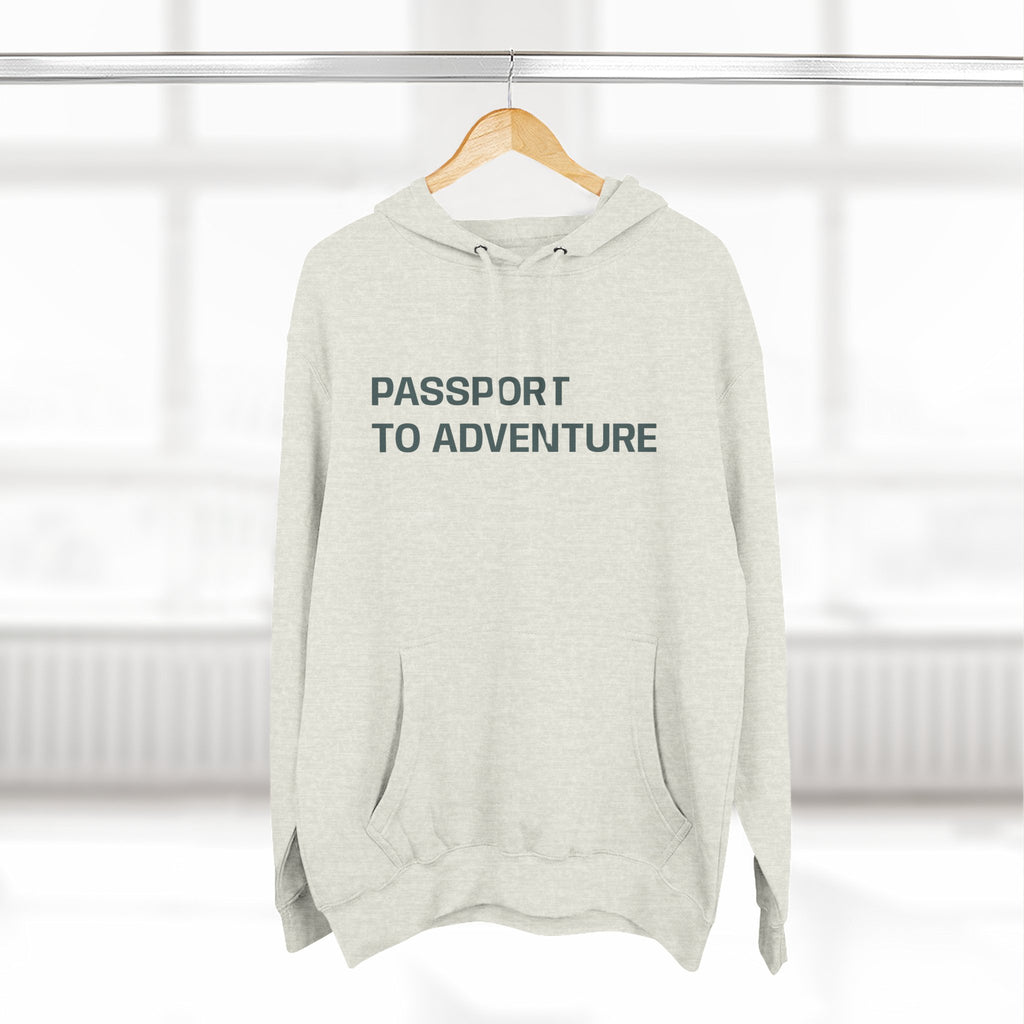 Mountain Adventure Three-Panel Fleece Hoodie, Passport to Adventure Design, Hiking Gift, Unisex Sizes S-3XL, Soft Comfort, Kangaroo Pocket,