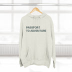 Mountain Adventure Three-Panel Fleece Hoodie, Passport to Adventure Design, Hiking Gift, Unisex Sizes S-3XL, Soft Comfort, Kangaroo Pocket,