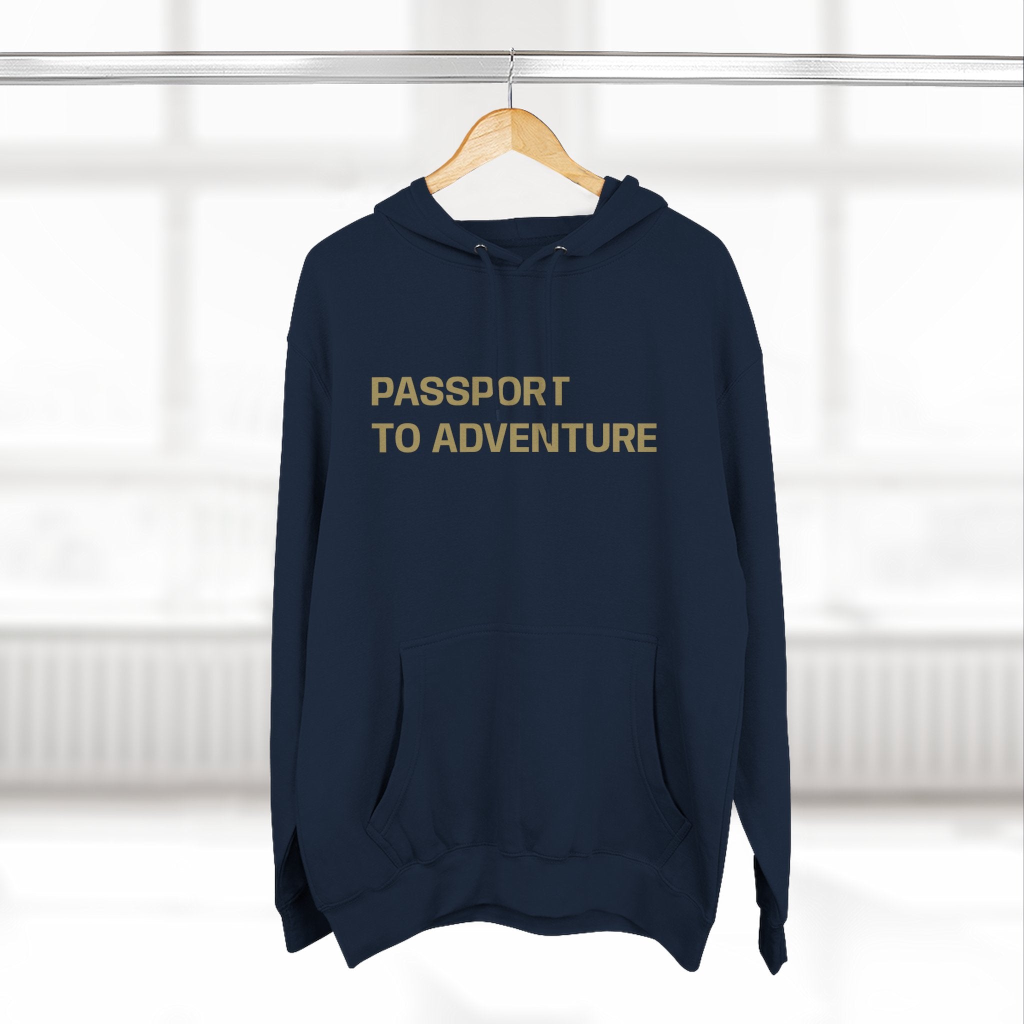 Mountain Adventure Three-Panel Fleece Hoodie, Passport to Adventure Design, Hiking Gift, Unisex Sizes S-3XL, Soft Comfort, Kangaroo Pocket,