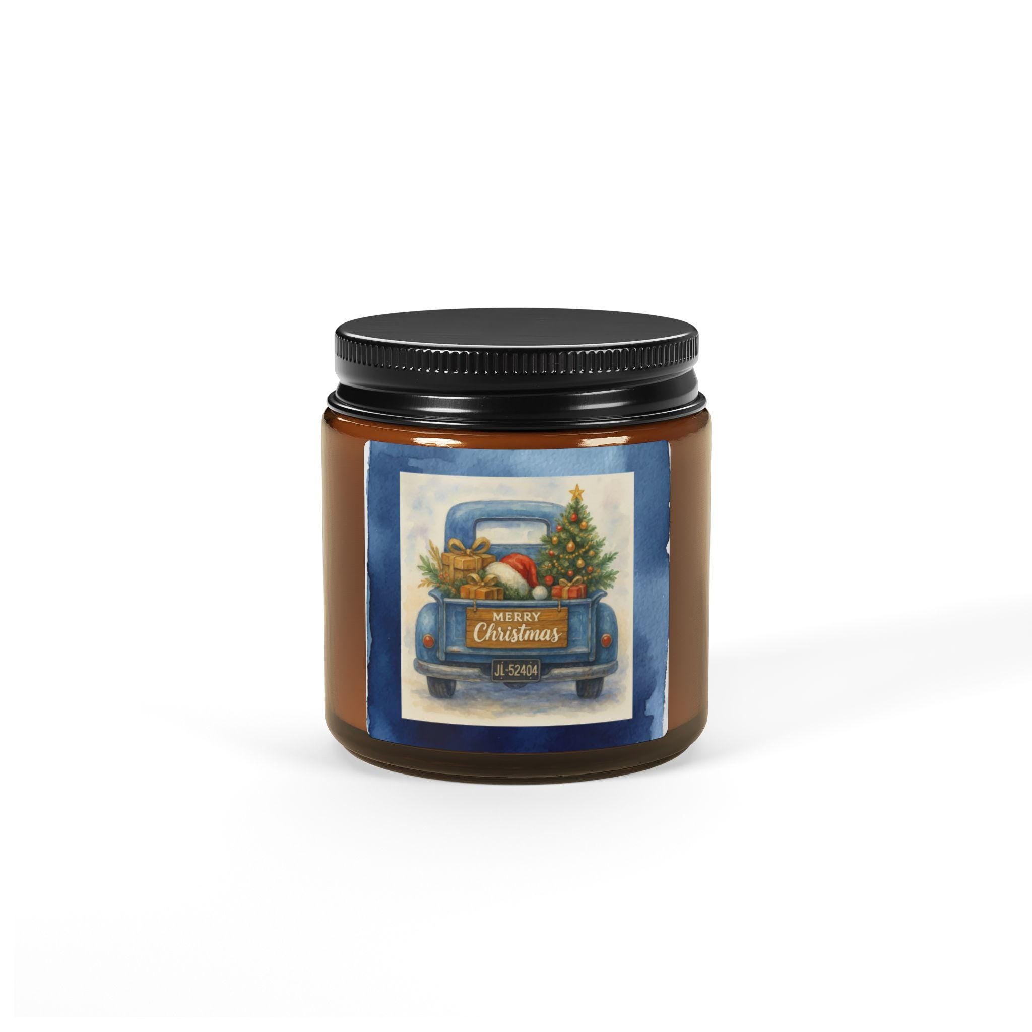 Festive Scented Soy Candle, Christmas Home Decor, Holiday Gift, Cozy Vibe, Amber Jar with Truck Design, Hand-Poured Candle