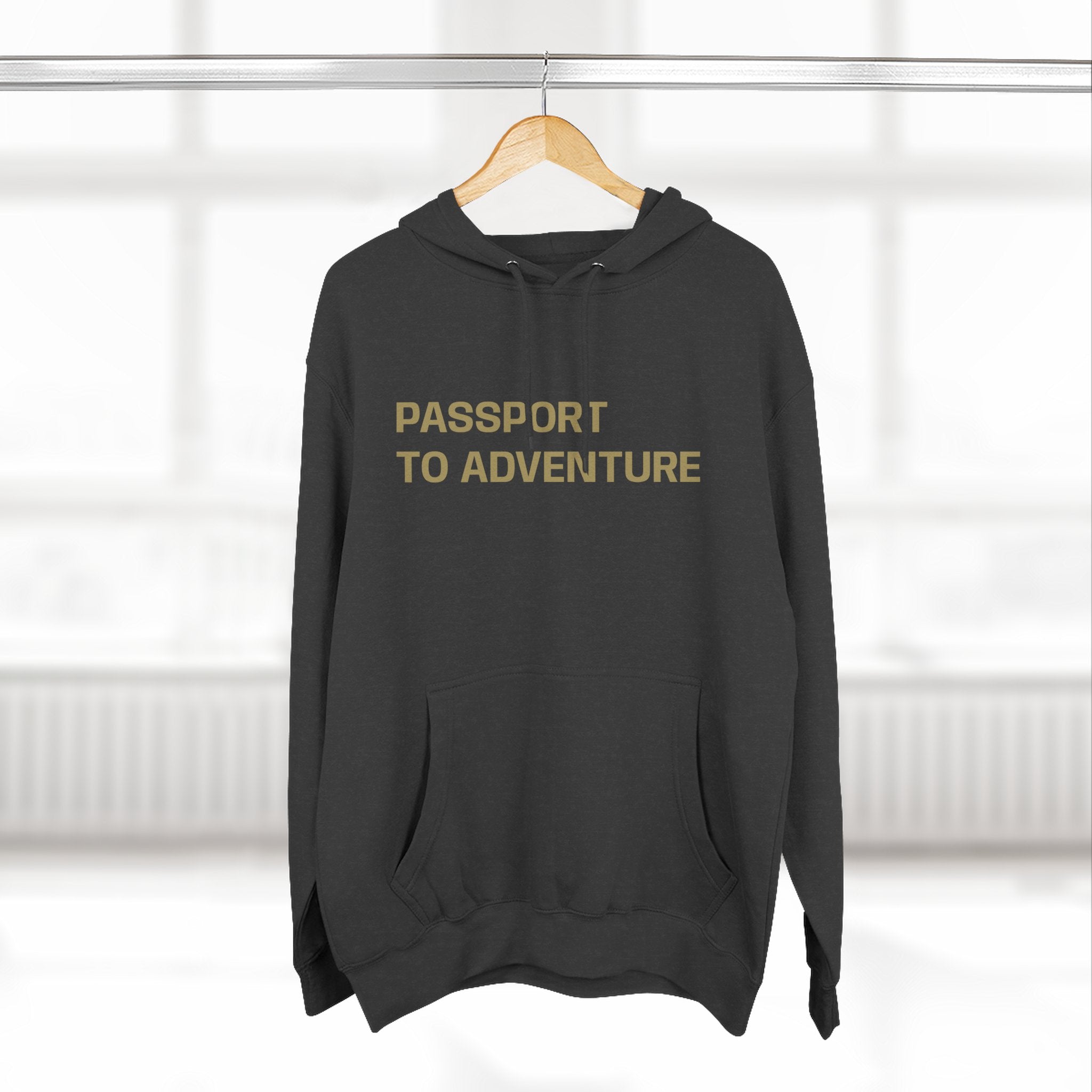 Mountain Adventure Three-Panel Fleece Hoodie, Passport to Adventure Design, Hiking Gift, Unisex Sizes S-3XL, Soft Comfort, Kangaroo Pocket,