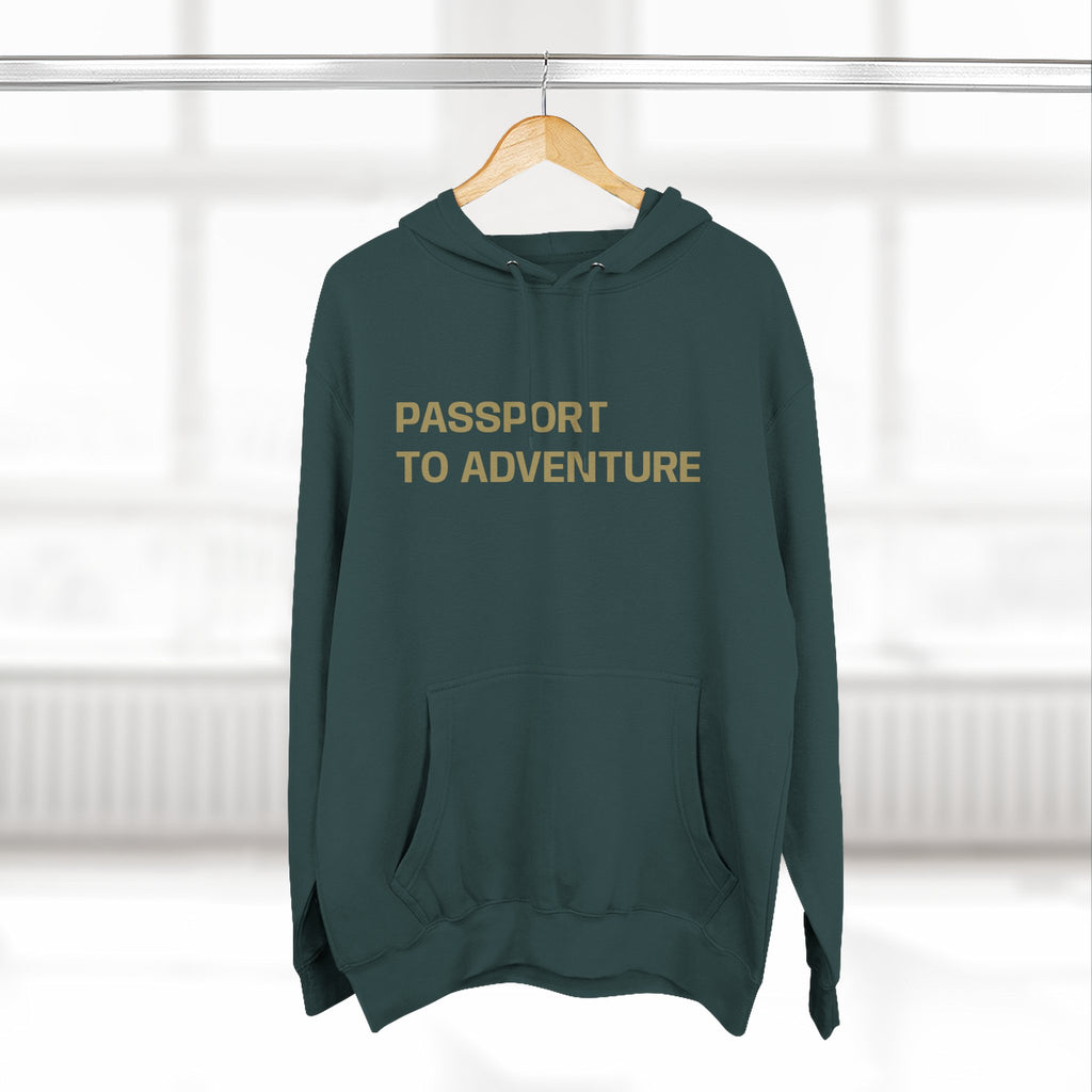 Mountain Adventure Three-Panel Fleece Hoodie, Passport to Adventure Design, Hiking Gift, Unisex Sizes S-3XL, Soft Comfort, Kangaroo Pocket,