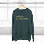 Mountain Adventure Three-Panel Fleece Hoodie, Passport to Adventure Design, Hiking Gift, Unisex Sizes S-3XL, Soft Comfort, Kangaroo Pocket,