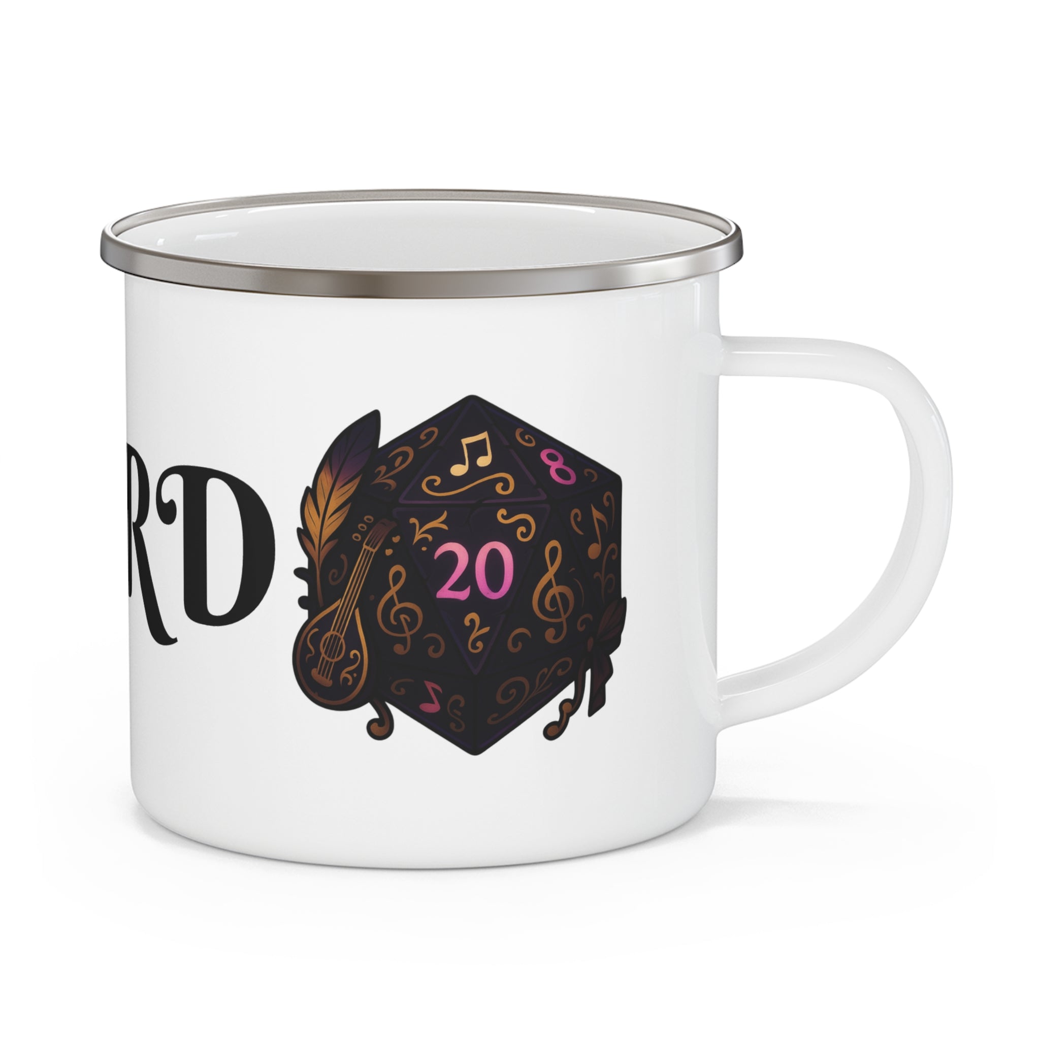 Bard Enamel Camping Mug — D20 Dice & Musical Fantasy RPG Coffee Cup