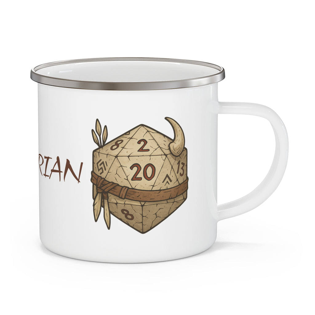 Barbarian D20 Enamel Camping Mug — RPG Dice Rustic Adventure Coffee Cup