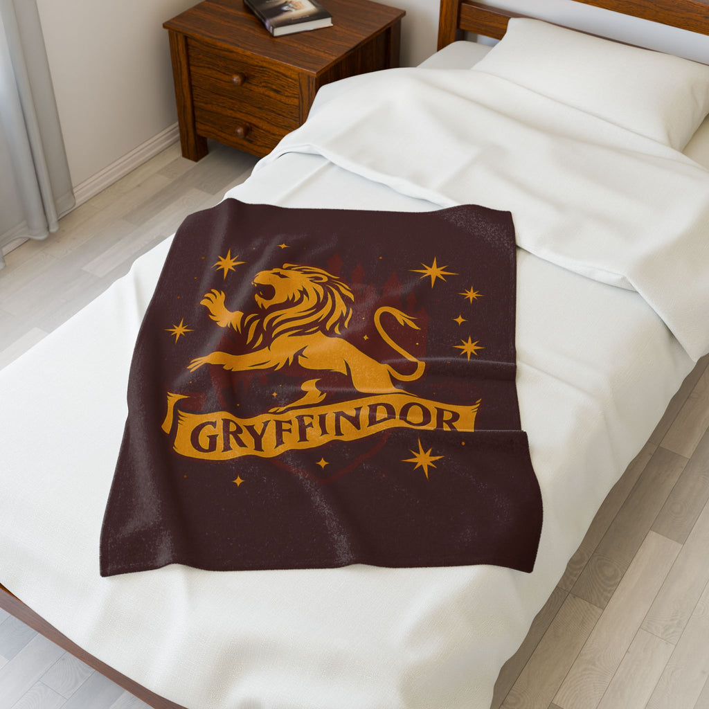 Gryffindor Velveteen Plush Blanket | Hogwarts House Throw | Harry Potter Inspired Lion Bedding | Warm Red & Gold Gift | Soft Fleece Decor