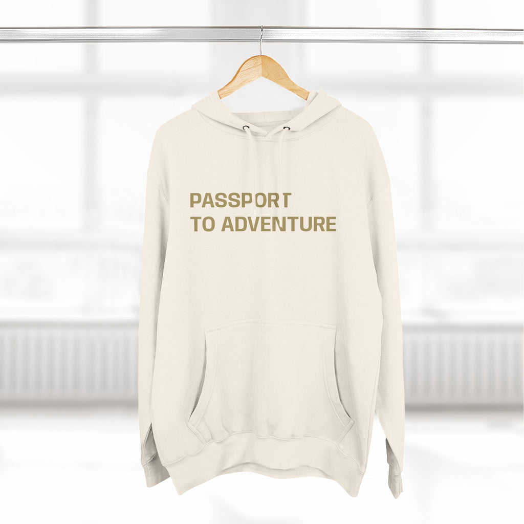 Mountain Adventure Three-Panel Fleece Hoodie, Passport to Adventure Design, Hiking Gift, Unisex Sizes S-3XL, Soft Comfort, Kangaroo Pocket,