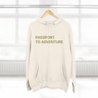 Mountain Adventure Three-Panel Fleece Hoodie, Passport to Adventure Design, Hiking Gift, Unisex Sizes S-3XL, Soft Comfort, Kangaroo Pocket,