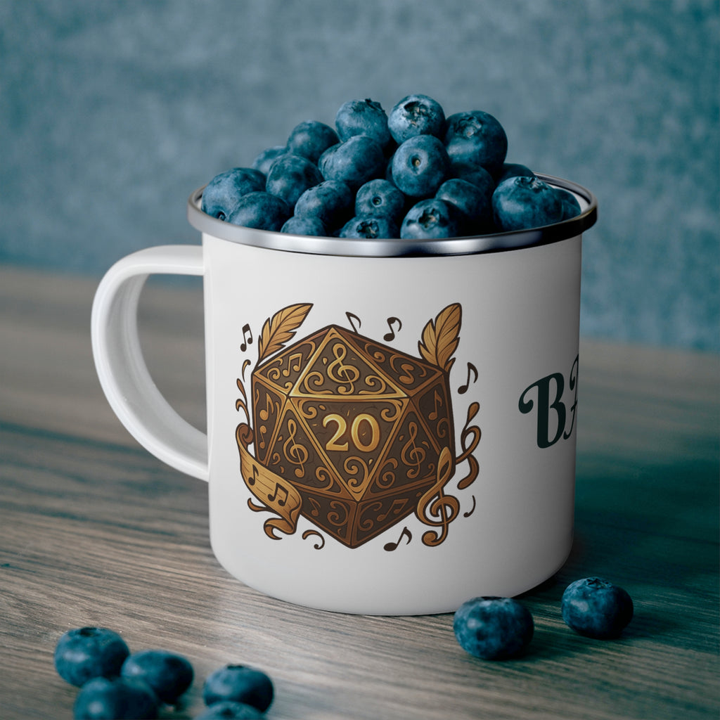 Bard Enamel Camping Mug — D20 Dice & Music Fantasy RPG Coffee Cup