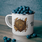 Bard Enamel Camping Mug — D20 Dice & Music Fantasy RPG Coffee Cup
