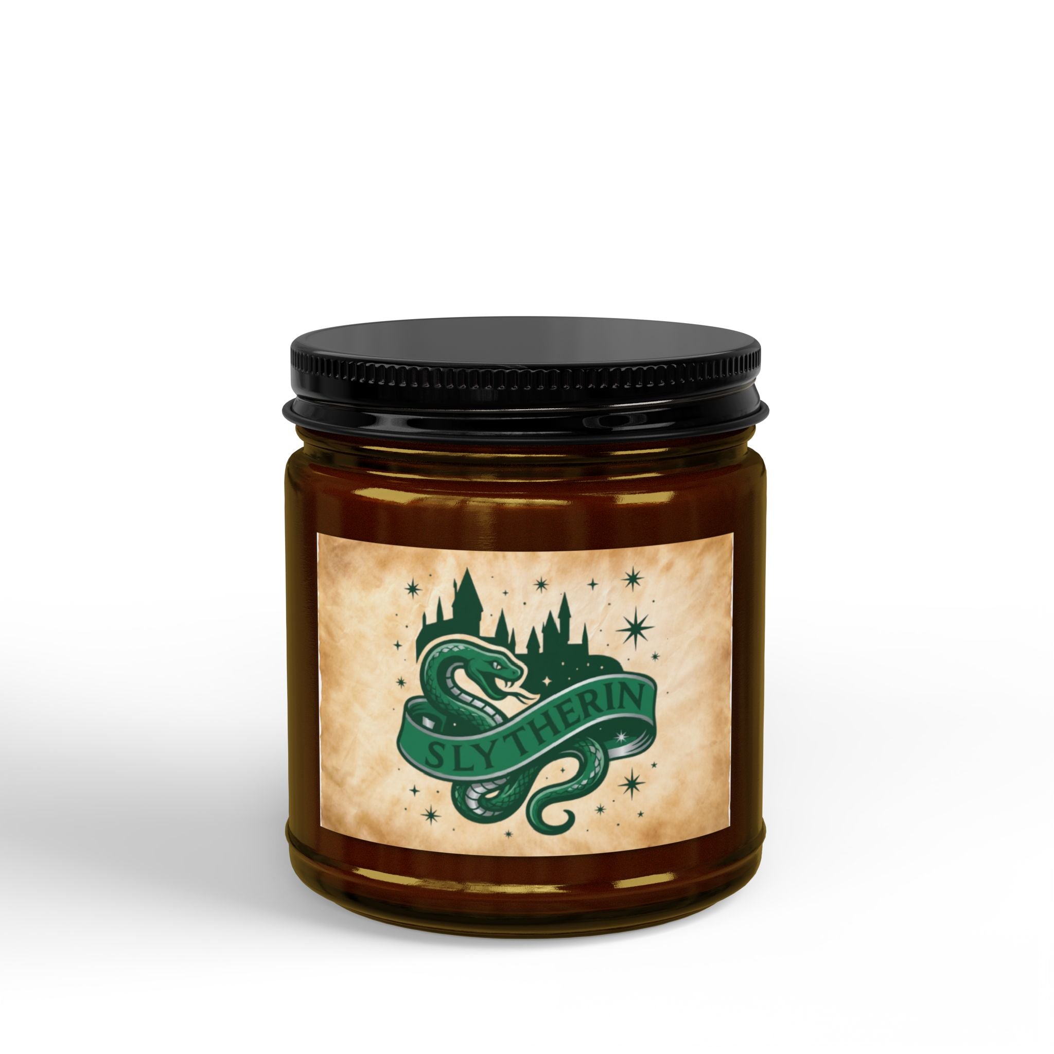 Slytherin House Inspired Candle | Snake Emblem Decor | Ambitious Wizard Gift | Amber or Clear Glass | Magic School Aesthetic