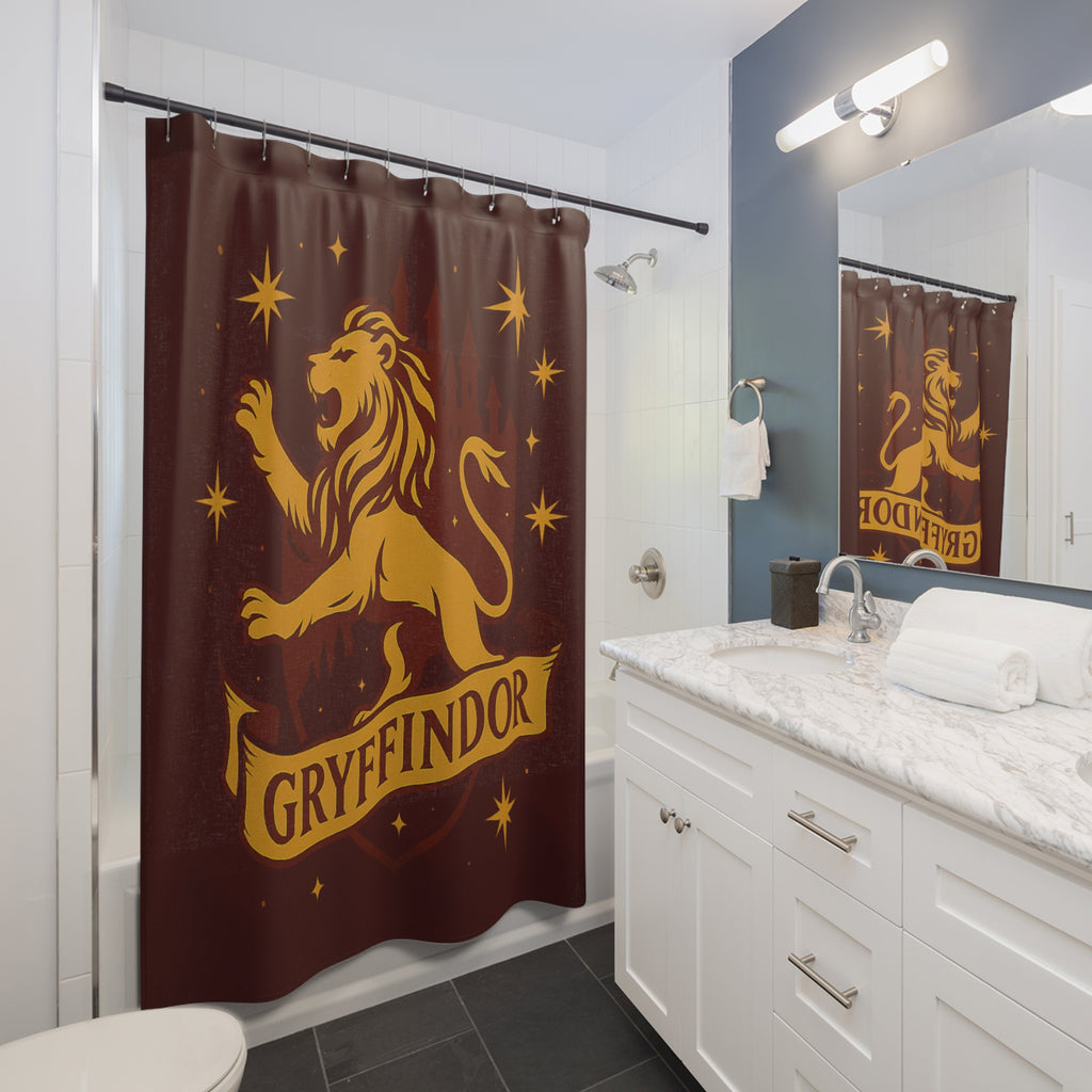 Gryffindor Shower Curtain | Lion House Bathroom Decor | Wizarding World Bath | Maroon and Gold | Bravery & Courage Gift | Castle Silhouette