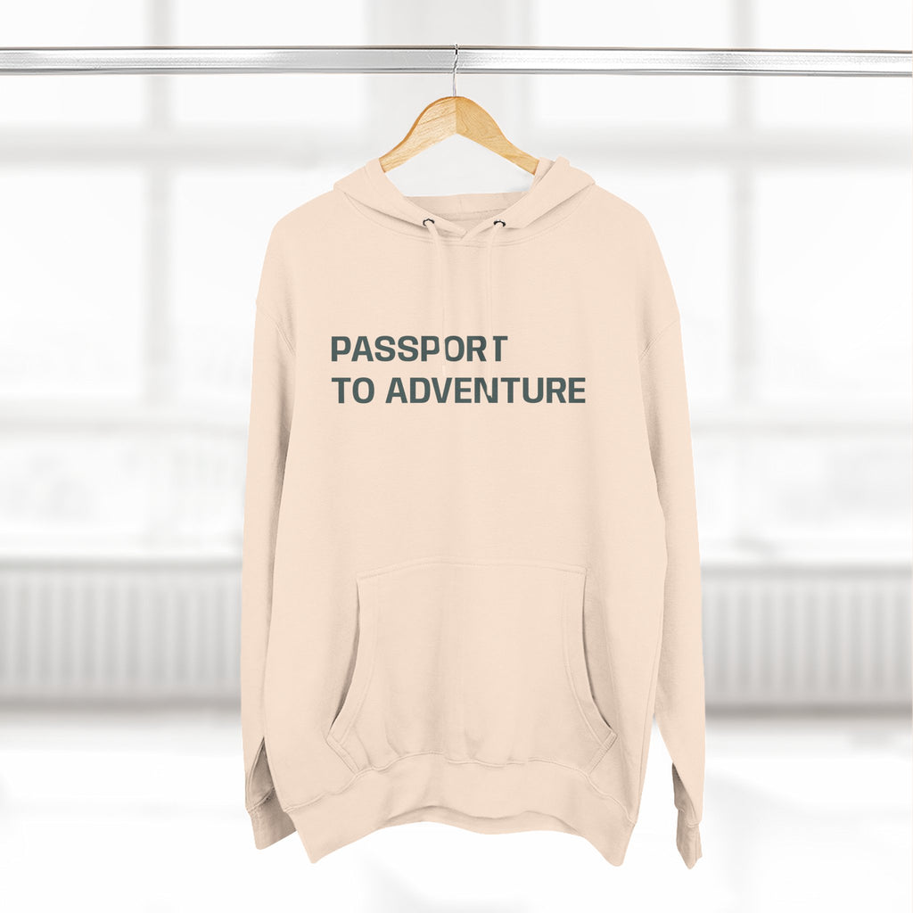 Mountain Adventure Three-Panel Fleece Hoodie, Passport to Adventure Design, Hiking Gift, Unisex Sizes S-3XL, Soft Comfort, Kangaroo Pocket,