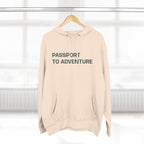 Mountain Adventure Three-Panel Fleece Hoodie, Passport to Adventure Design, Hiking Gift, Unisex Sizes S-3XL, Soft Comfort, Kangaroo Pocket,