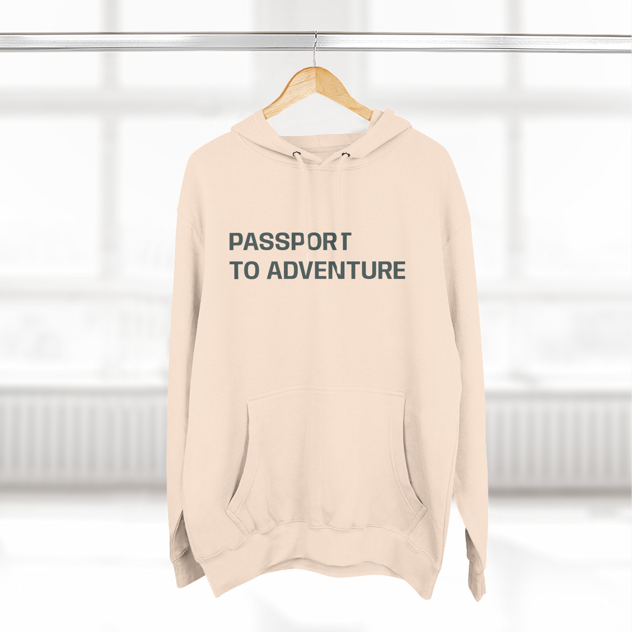 Mountain Adventure Three-Panel Fleece Hoodie, Passport to Adventure Design, Hiking Gift, Unisex Sizes S-3XL, Soft Comfort, Kangaroo Pocket,