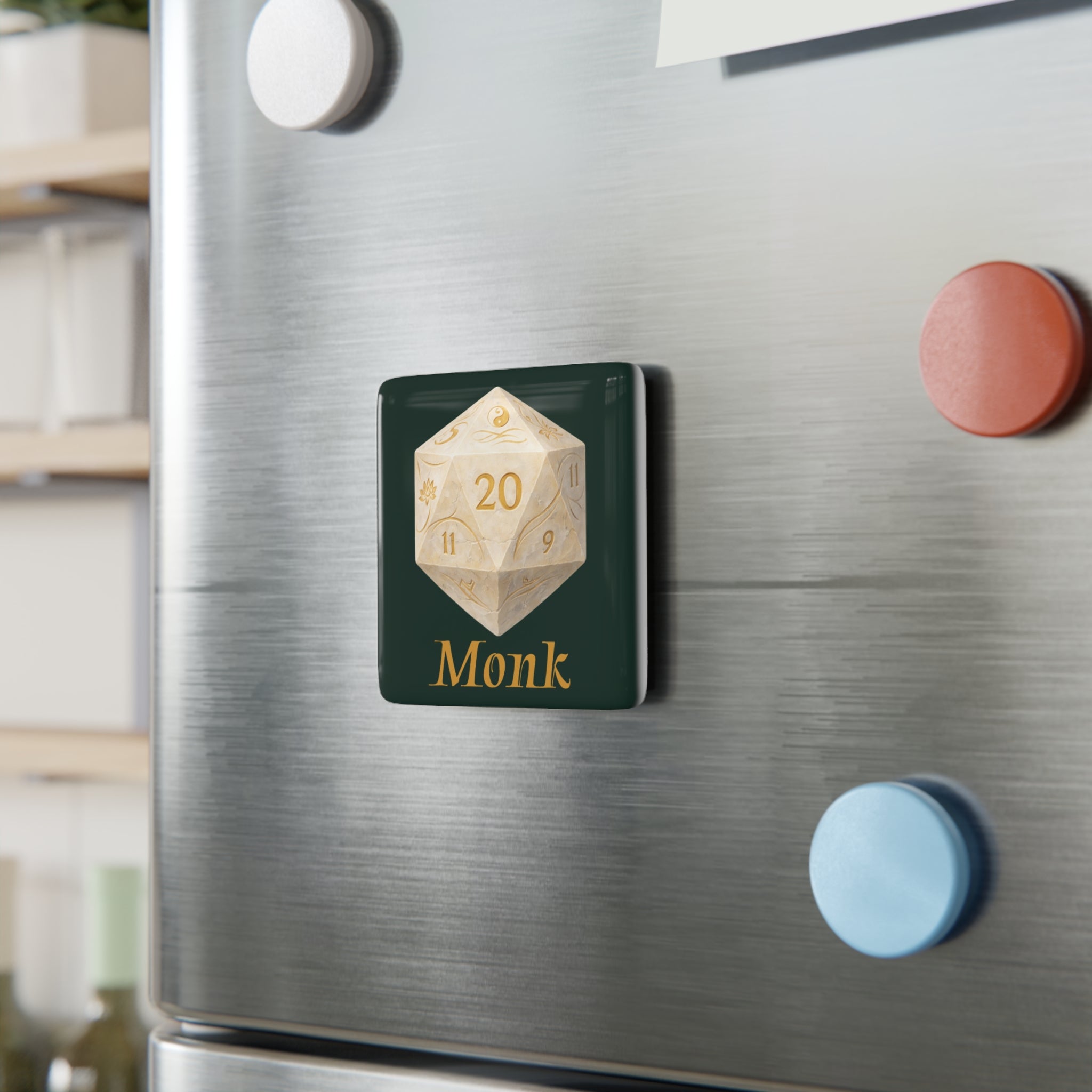 Monk D20 Porcelain Magnet — RPG Dice Square Fridge Magnet
