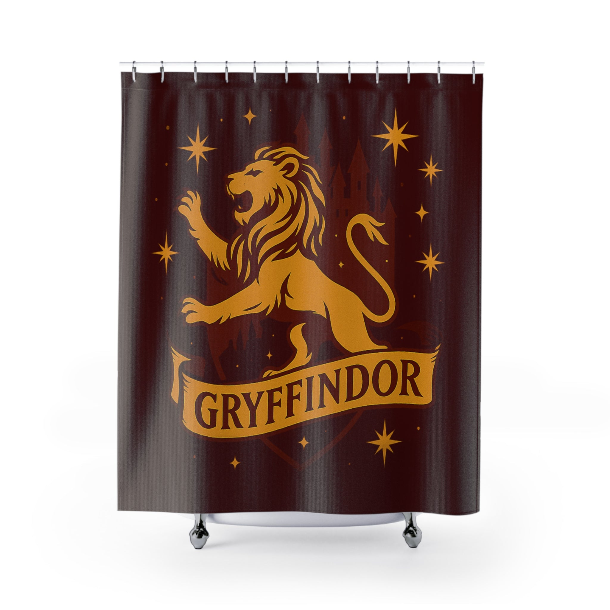 Gryffindor Shower Curtain | Lion House Bathroom Decor | Wizarding World Bath | Maroon and Gold | Bravery & Courage Gift | Castle Silhouette