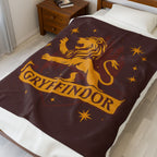Gryffindor Velveteen Plush Blanket | Hogwarts House Throw | Harry Potter Inspired Lion Bedding | Warm Red & Gold Gift | Soft Fleece Decor